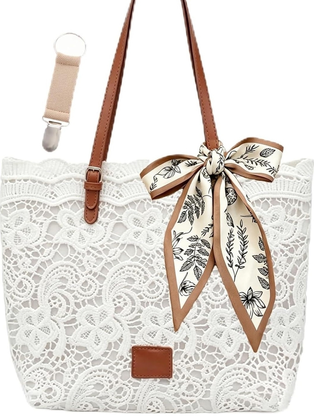 Stylish White Lace Tote Bag with Tan Accents and Bow Scarf